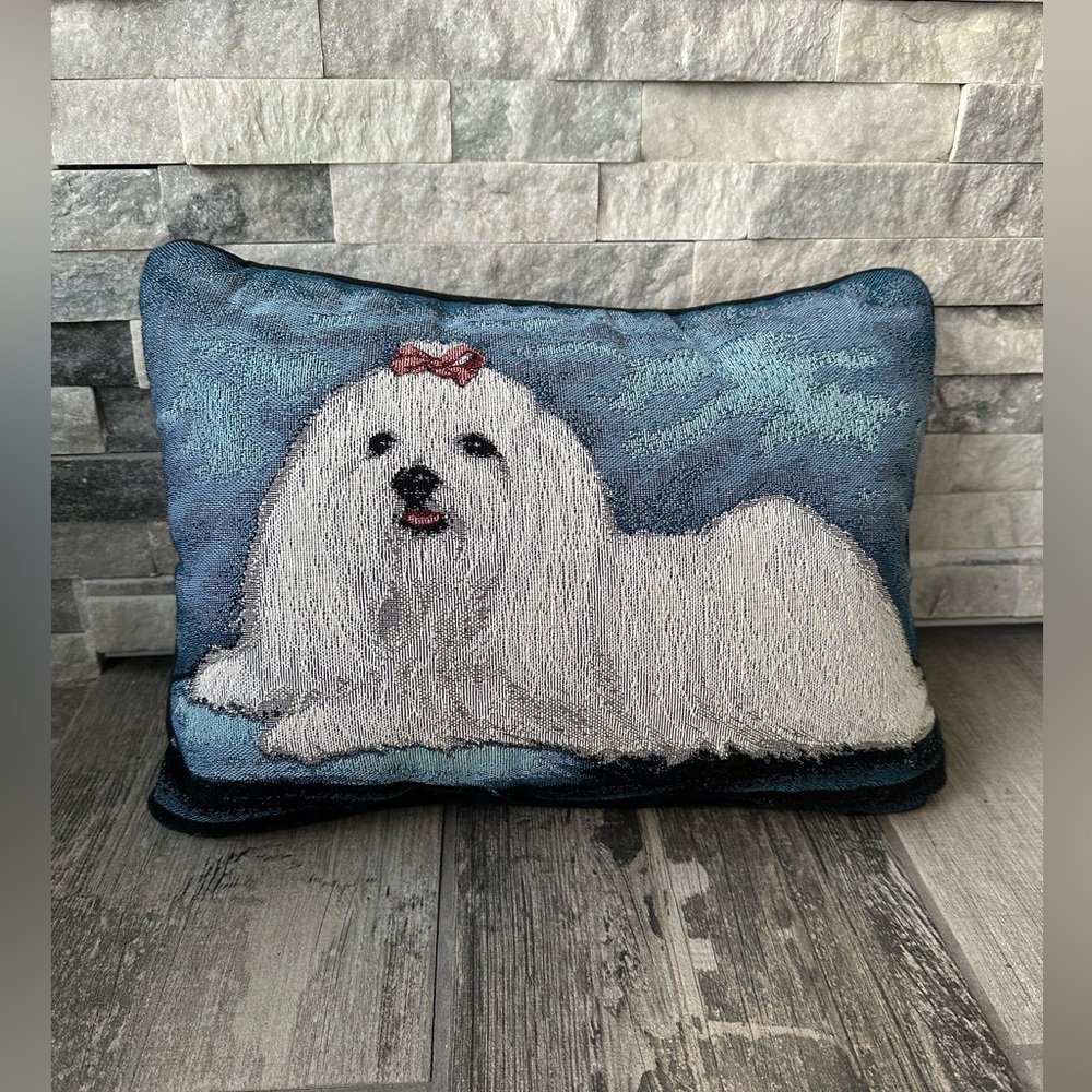 Maltese Shih Tzu  Vintage Tapestry Throw Accent Pillow Blue White Rectangle